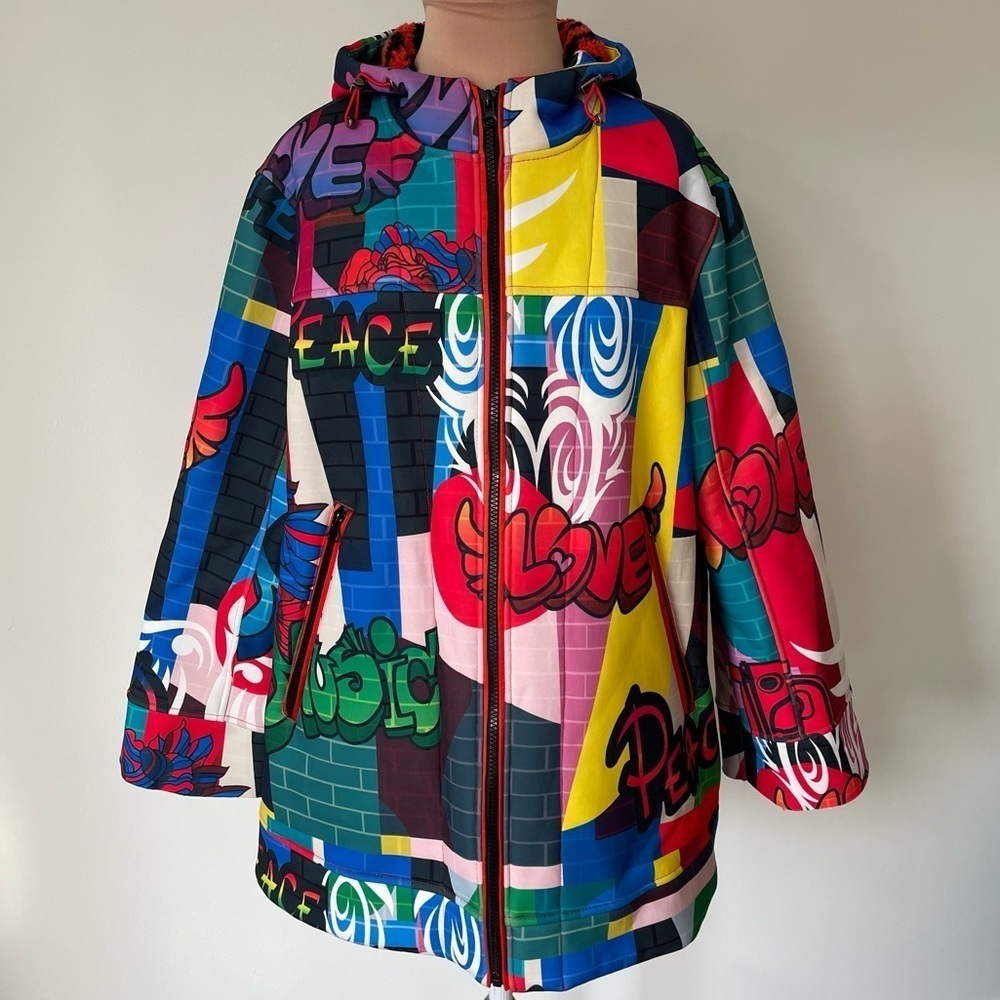 Heurueh Graffiti Print Multicolor Neoprene Fleece Lined Hooded Oversized Jacket